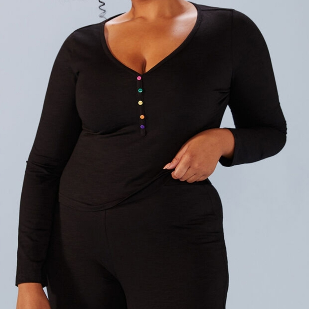 Modcloth Black Long Sleeve Henley Top with Multicolor Buttons